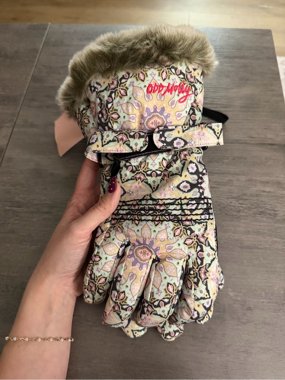 Odd Molly Pink Multi-Pattern Faux Fur-Trim Winter Gloves